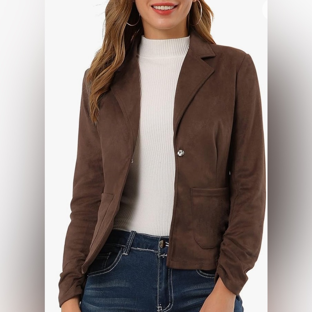 Women's Long Sleeve Casual Open Front Drawstring Faux Suede Blazer - Picture 6 of 12